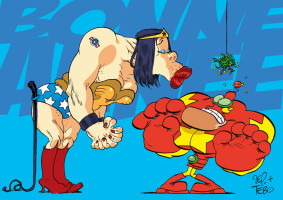 Carte de voeux pour le TÉLÉTHON. Zep a dessiné Wonder Woman et moi, Captain Biceps.